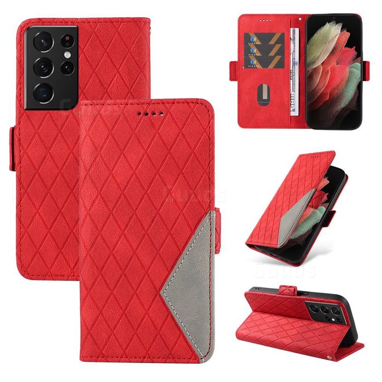 Grid Pattern Splicing Protective Wallet Case Cover for Samsung Galaxy S21 Ultra - Red