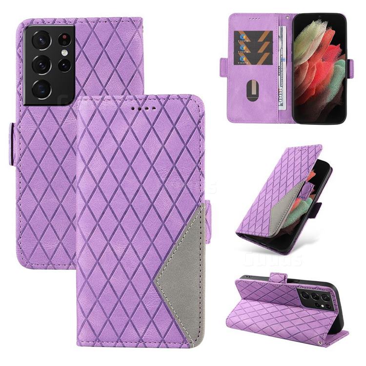 Grid Pattern Splicing Protective Wallet Case Cover for Samsung Galaxy S21 Ultra - Purple