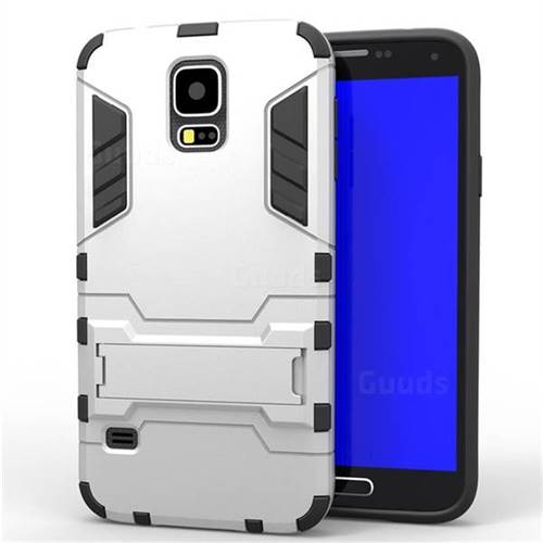 Armor Premium Tactical Grip Kickstand Shockproof Dual Layer Rugged Hard Cover for Samsung Galaxy S5 G900 - Silver