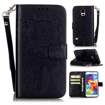 Embossing Campanula Flower Leather Wallet Case for Samsung Galaxy S5 - Black