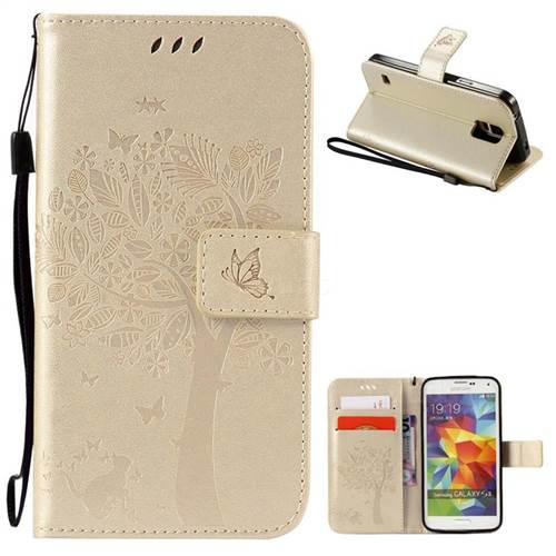 Embossing Butterfly Tree Leather Wallet Case for Samsung Galaxy S5 - Champagne