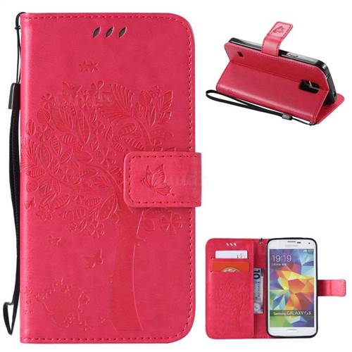 Embossing Butterfly Tree Leather Wallet Case for Samsung Galaxy S5 - Rose