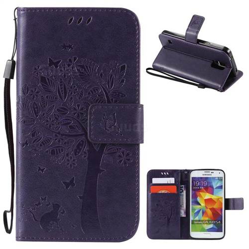 Embossing Butterfly Tree Leather Wallet Case for Samsung Galaxy S5 - Purple