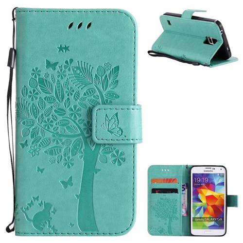 Embossing Butterfly Tree Leather Wallet Case for Samsung Galaxy S5 G900 - Cyan