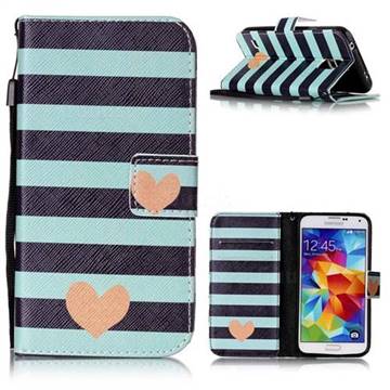 Blue Stripe Heart Leather Wallet Phone Case for Samsung Galaxy S5