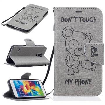 Intricate Embossing Chainsaw Bear Leather Wallet Case for Samsung Galaxy S5 - Gray