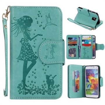 Embossing Cat Girl 9 Card Leather Wallet Case for Samsung Galaxy S5 G900 - Green