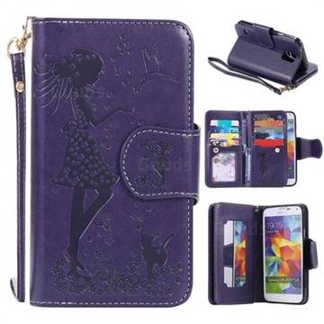 Embossing Cat Girl 9 Card Leather Wallet Case for Samsung Galaxy S5 G900 - Purple