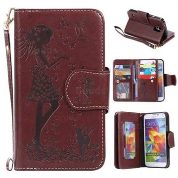Embossing Cat Girl 9 Card Leather Wallet Case for Samsung Galaxy S5 G900 - Brown