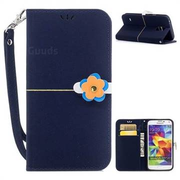 Gold Velvet Smooth PU Leather Wallet Case for Samsung Galaxy S5 G900 - Navy Blue