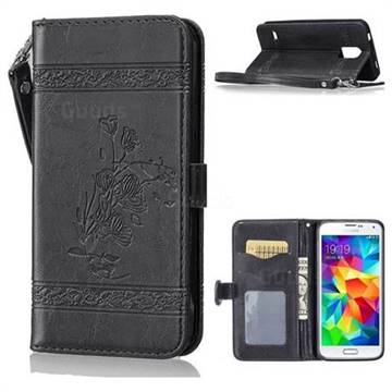Luxury Retro Oil Wax Embossed PU Leather Wallet Case for Samsung Galaxy S5 G900 - Black