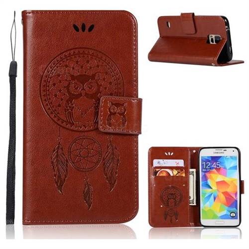 Intricate Embossing Owl Campanula Leather Wallet Case for Samsung Galaxy S5 G900 - Brown