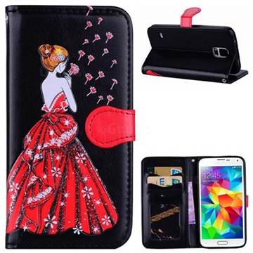Dandelion Wedding Dress Girl Flash Powder Leather Wallet Holster Case for Samsung Galaxy S5 G900 - Black