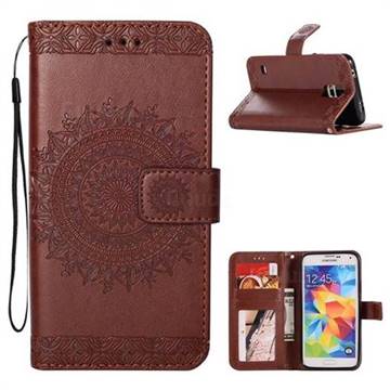 Intricate Embossing Totem Flower Leather Wallet Case for Samsung Galaxy S5 G900 - Brown