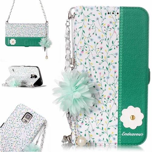 Magnolia Endeavour Florid Pearl Flower Pendant Metal Strap PU Leather Wallet Case for Samsung Galaxy S5 G900