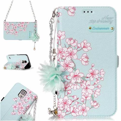 Cherry Blossoms Endeavour Florid Pearl Flower Pendant Metal Strap PU Leather Wallet Case for Samsung Galaxy S5 G900