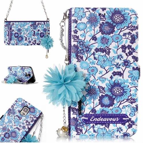 Blue-and-White Endeavour Florid Pearl Flower Pendant Metal Strap PU Leather Wallet Case for Samsung Galaxy S5 G900