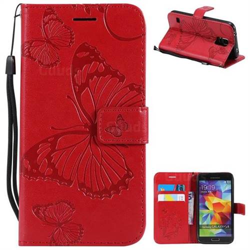 Embossing 3D Butterfly Leather Wallet Case for Samsung Galaxy S5 G900 - Red