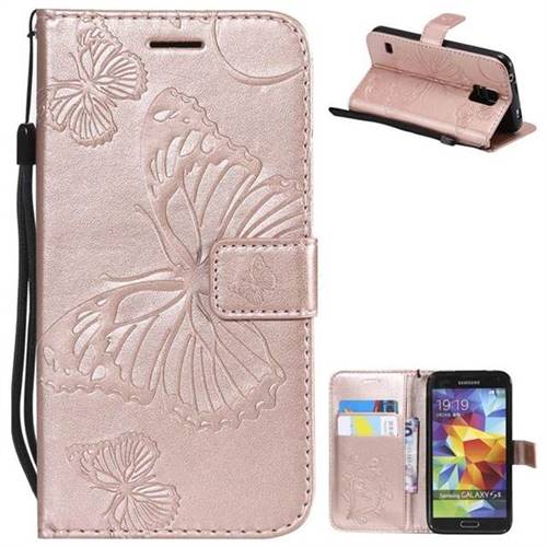 Embossing 3D Butterfly Leather Wallet Case for Samsung Galaxy S5 G900 - Rose Gold