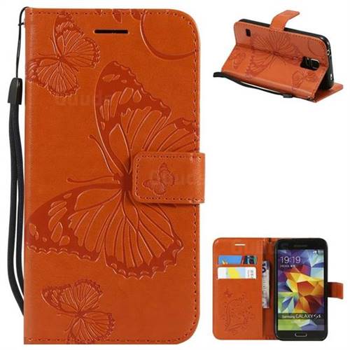 Embossing 3D Butterfly Leather Wallet Case for Samsung Galaxy S5 G900 - Orange