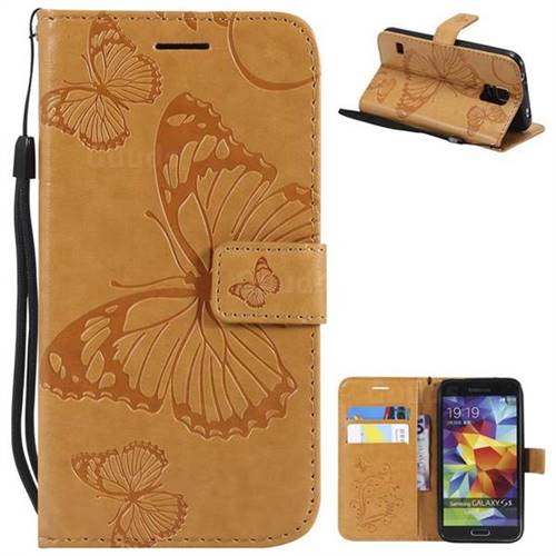 Embossing 3D Butterfly Leather Wallet Case for Samsung Galaxy S5 G900 - Yellow