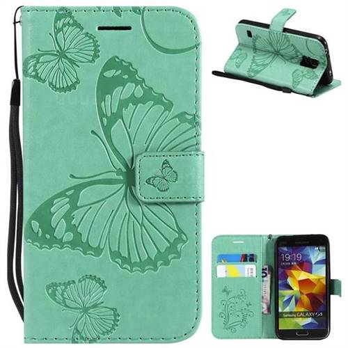 Embossing 3D Butterfly Leather Wallet Case for Samsung Galaxy S5 G900 - Green