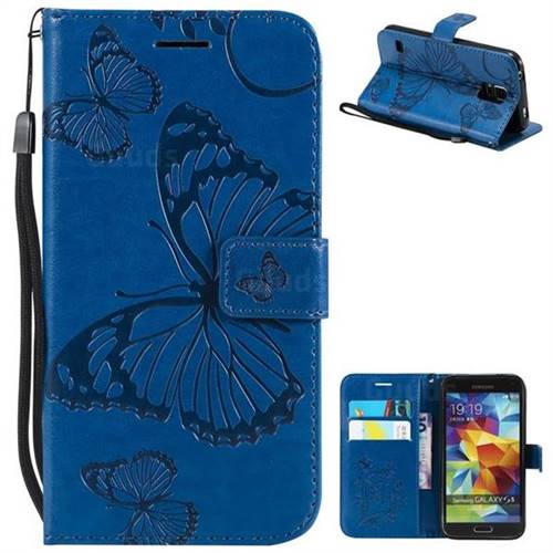 Embossing 3D Butterfly Leather Wallet Case for Samsung Galaxy S5 G900 - Blue