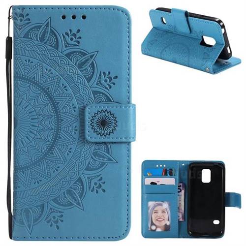 Intricate Embossing Datura Leather Wallet Case for Samsung Galaxy S5 G900 - Blue
