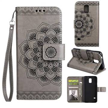 Embossing Half Mandala Flower Leather Wallet Case for Samsung Galaxy S5 G900 - Gray
