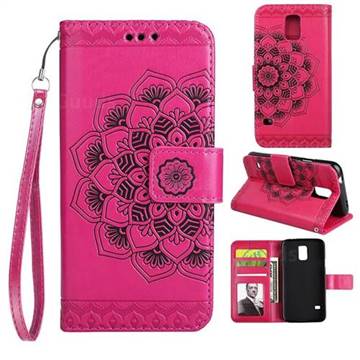 Embossing Half Mandala Flower Leather Wallet Case for Samsung Galaxy S5 G900 - Rose Red