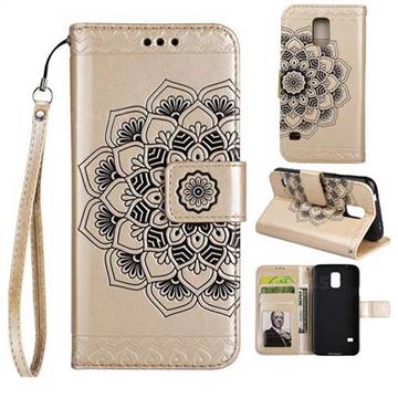 Embossing Half Mandala Flower Leather Wallet Case for Samsung Galaxy S5 G900 - Golden