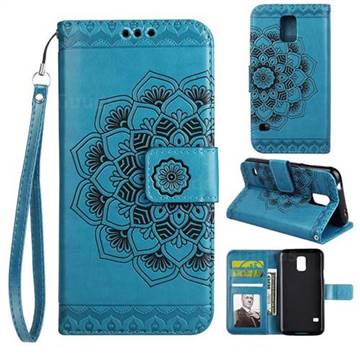 Embossing Half Mandala Flower Leather Wallet Case for Samsung Galaxy S5 G900 - Blue