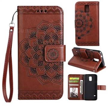 Embossing Half Mandala Flower Leather Wallet Case for Samsung Galaxy S5 G900 - Brown