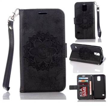 Embossing Retro Matte Mandala Flower Leather Wallet Case for Samsung Galaxy S5 G900 - Black
