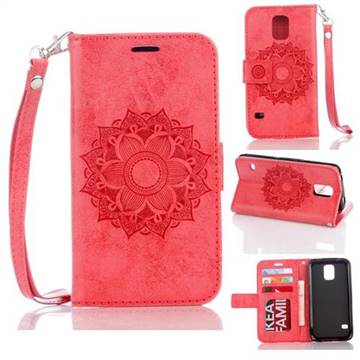 Embossing Retro Matte Mandala Flower Leather Wallet Case for Samsung Galaxy S5 G900 - Red