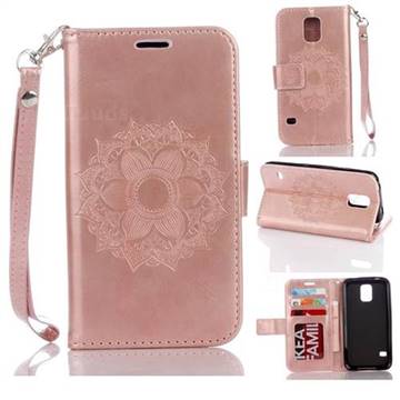 Embossing Retro Matte Mandala Flower Leather Wallet Case for Samsung Galaxy S5 G900 - Rose Gold