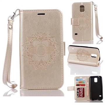 Embossing Retro Matte Mandala Flower Leather Wallet Case for Samsung Galaxy S5 G900 - Golden