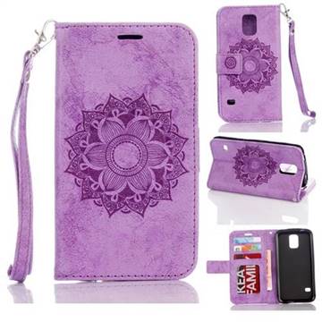 Embossing Retro Matte Mandala Flower Leather Wallet Case for Samsung Galaxy S5 G900 - Purple