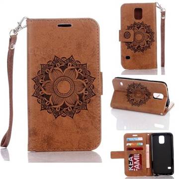 Embossing Retro Matte Mandala Flower Leather Wallet Case for Samsung Galaxy S5 G900 - Brown