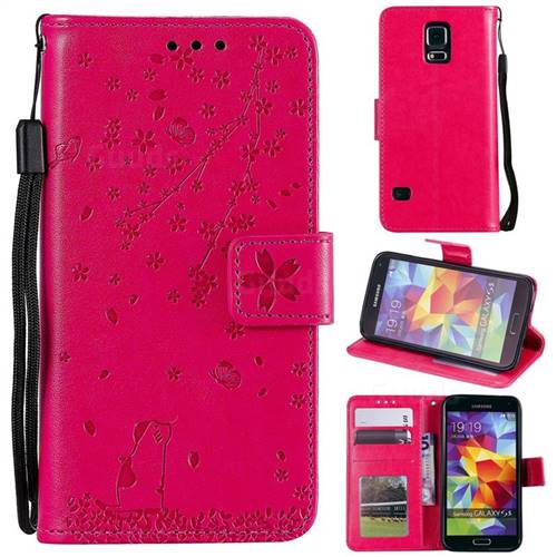 Embossing Cherry Blossom Cat Leather Wallet Case for Samsung Galaxy S5 G900 - Rose