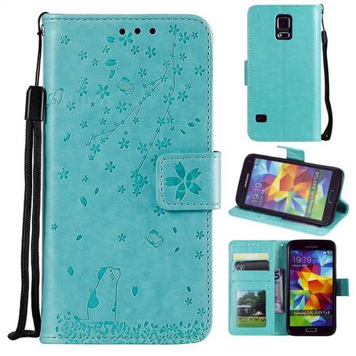 Embossing Cherry Blossom Cat Leather Wallet Case for Samsung Galaxy S5 G900 - Green