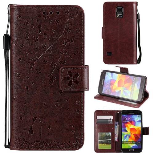 Embossing Cherry Blossom Cat Leather Wallet Case for Samsung Galaxy S5 G900 - Brown
