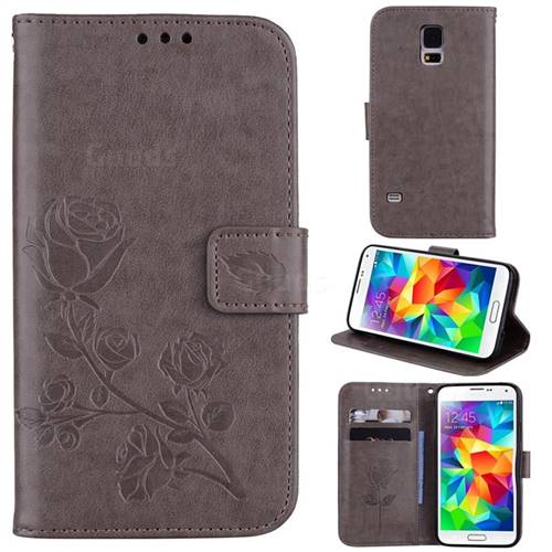 Embossing Rose Flower Leather Wallet Case for Samsung Galaxy S5 G900 - Grey