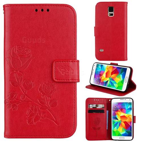 Embossing Rose Flower Leather Wallet Case for Samsung Galaxy S5 G900 - Red
