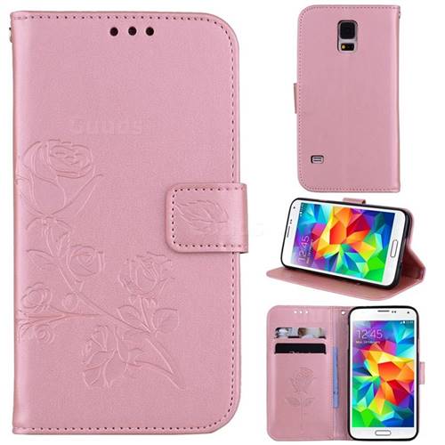 Embossing Rose Flower Leather Wallet Case for Samsung Galaxy S5 G900 - Rose Gold