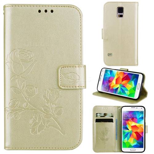 Embossing Rose Flower Leather Wallet Case for Samsung Galaxy S5 G900 - Golden