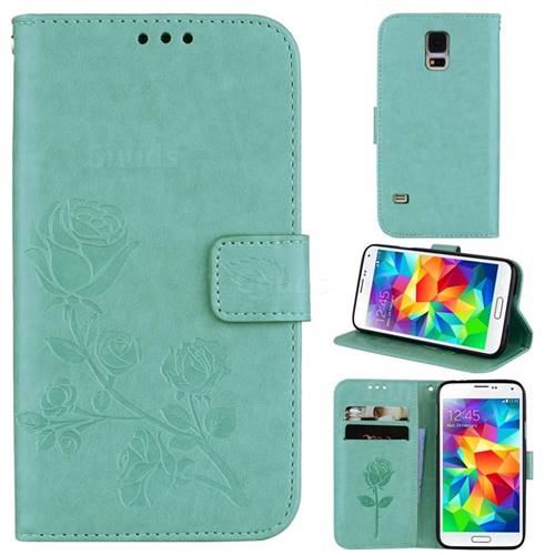Embossing Rose Flower Leather Wallet Case for Samsung Galaxy S5 G900 - Green