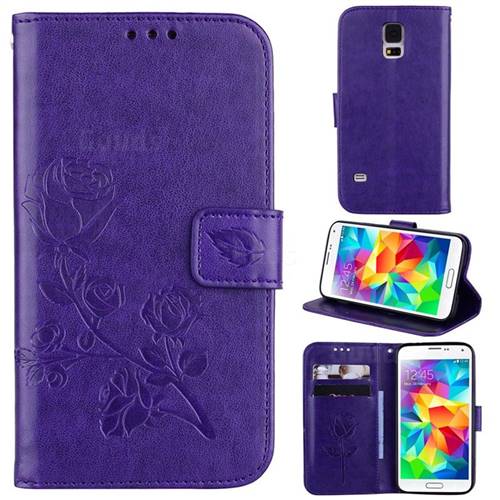 Embossing Rose Flower Leather Wallet Case for Samsung Galaxy S5 G900 - Purple