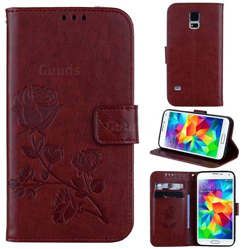Embossing Rose Flower Leather Wallet Case for Samsung Galaxy S5 G900 - Brown