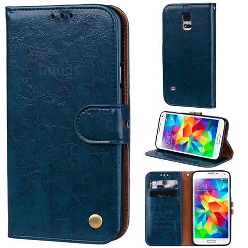 Luxury Retro Oil Wax PU Leather Wallet Phone Case for Samsung Galaxy S5 G900 - Sapphire